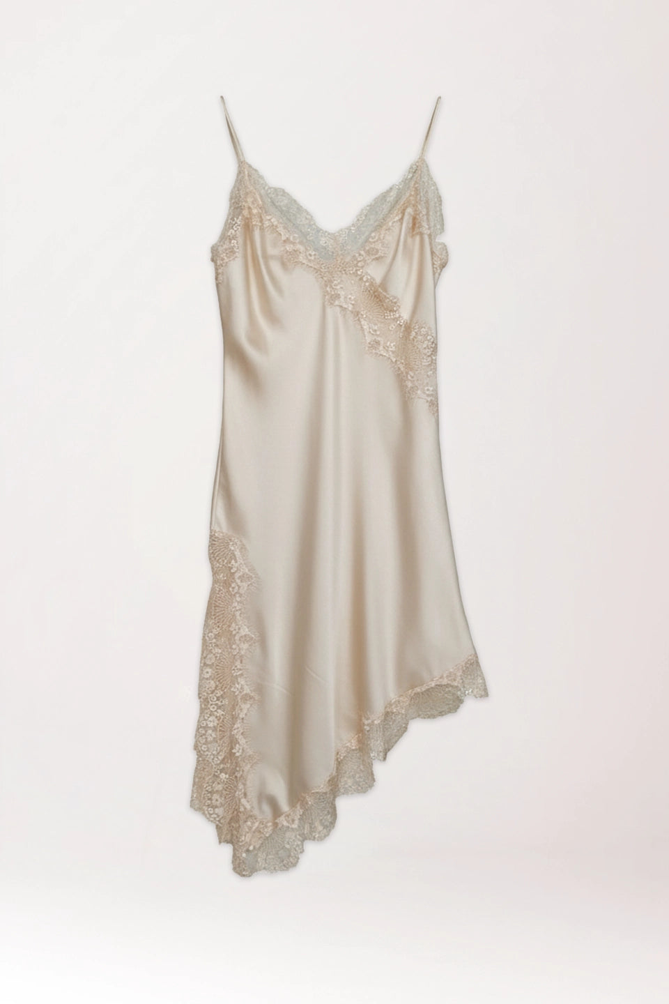 Vestido encaje asimétrico beige