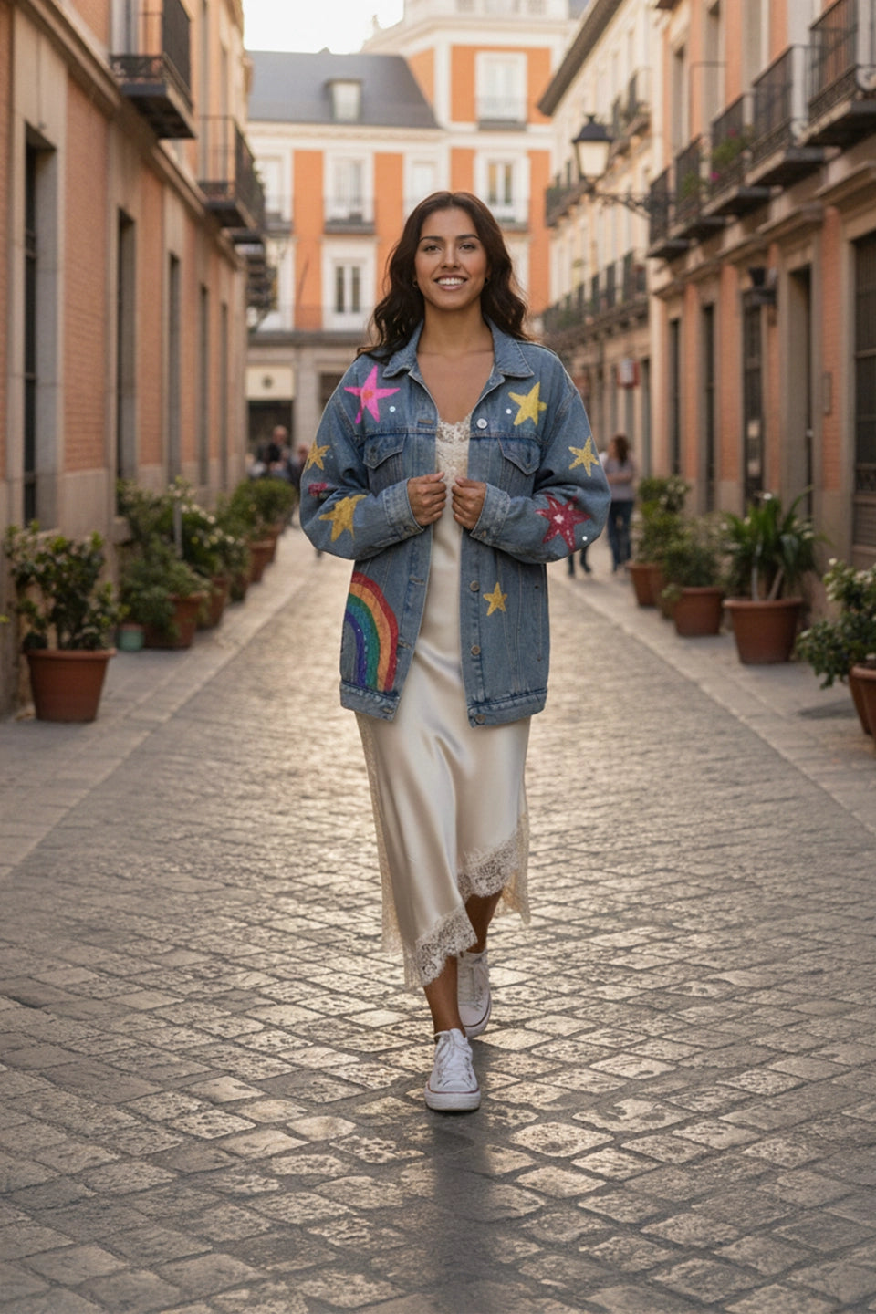 Vestido encaje asimétrico beige