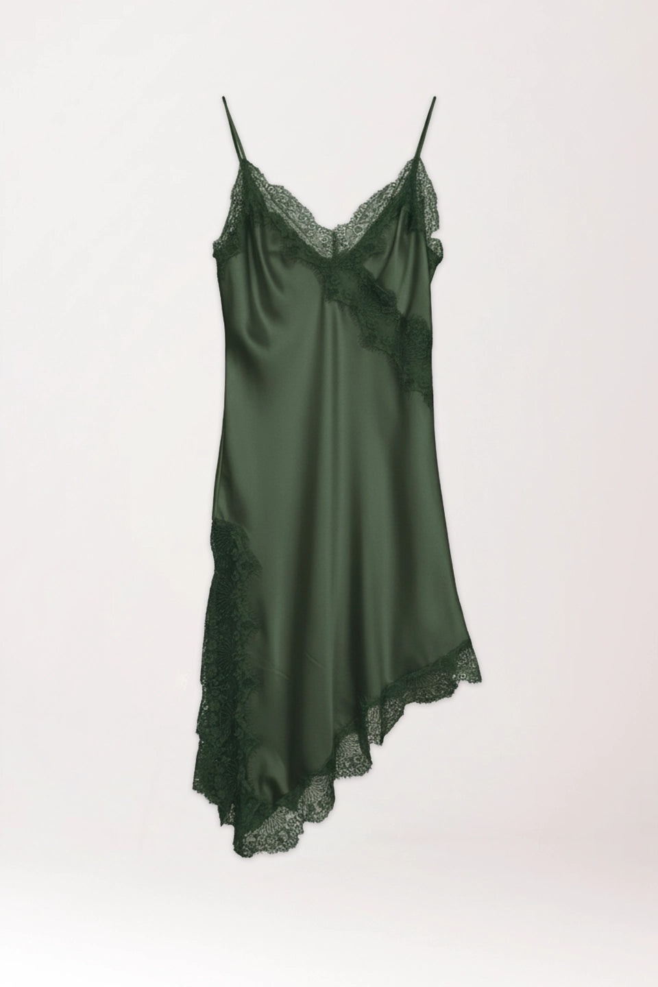 Vestido encaje asimétrico verde cacería