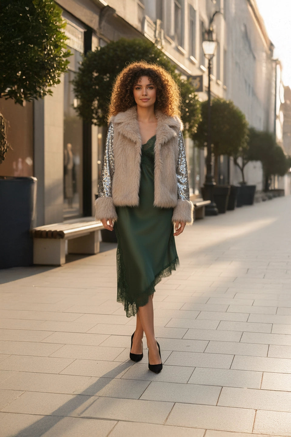 Vestido encaje asimétrico verde cacería