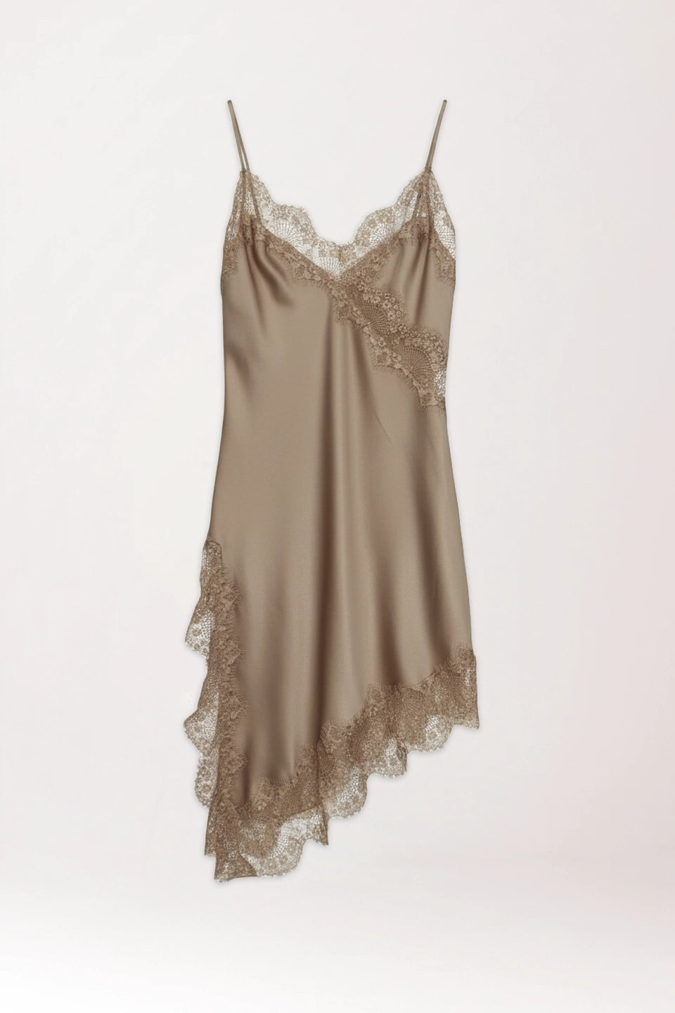 Vestido encaje asimétrico camel