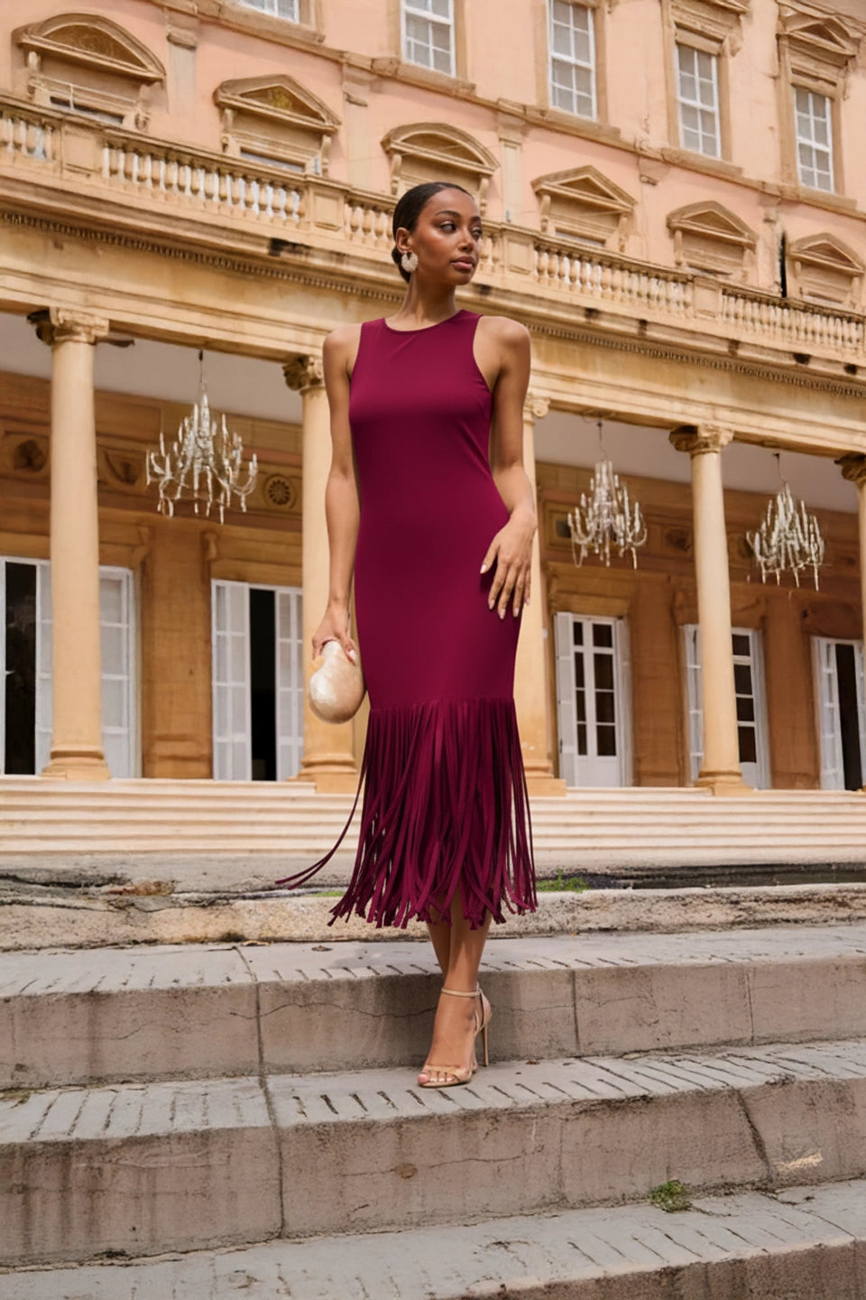 Vestido flecos burdeos