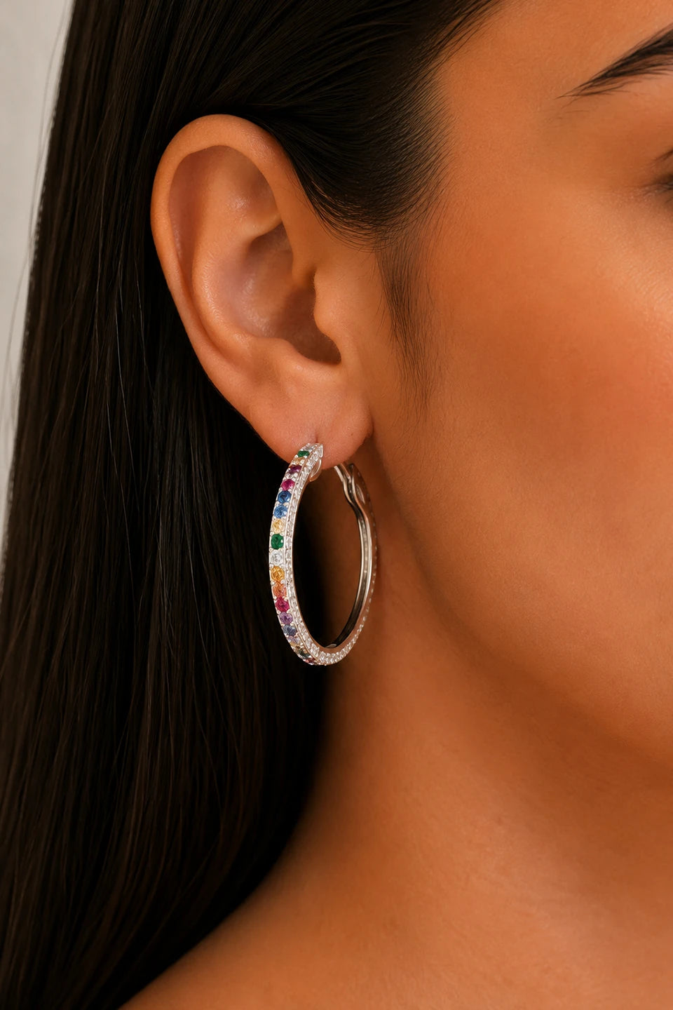 Argollas rodiadas de plata de ley rodiada 925 y circonitas de colores
