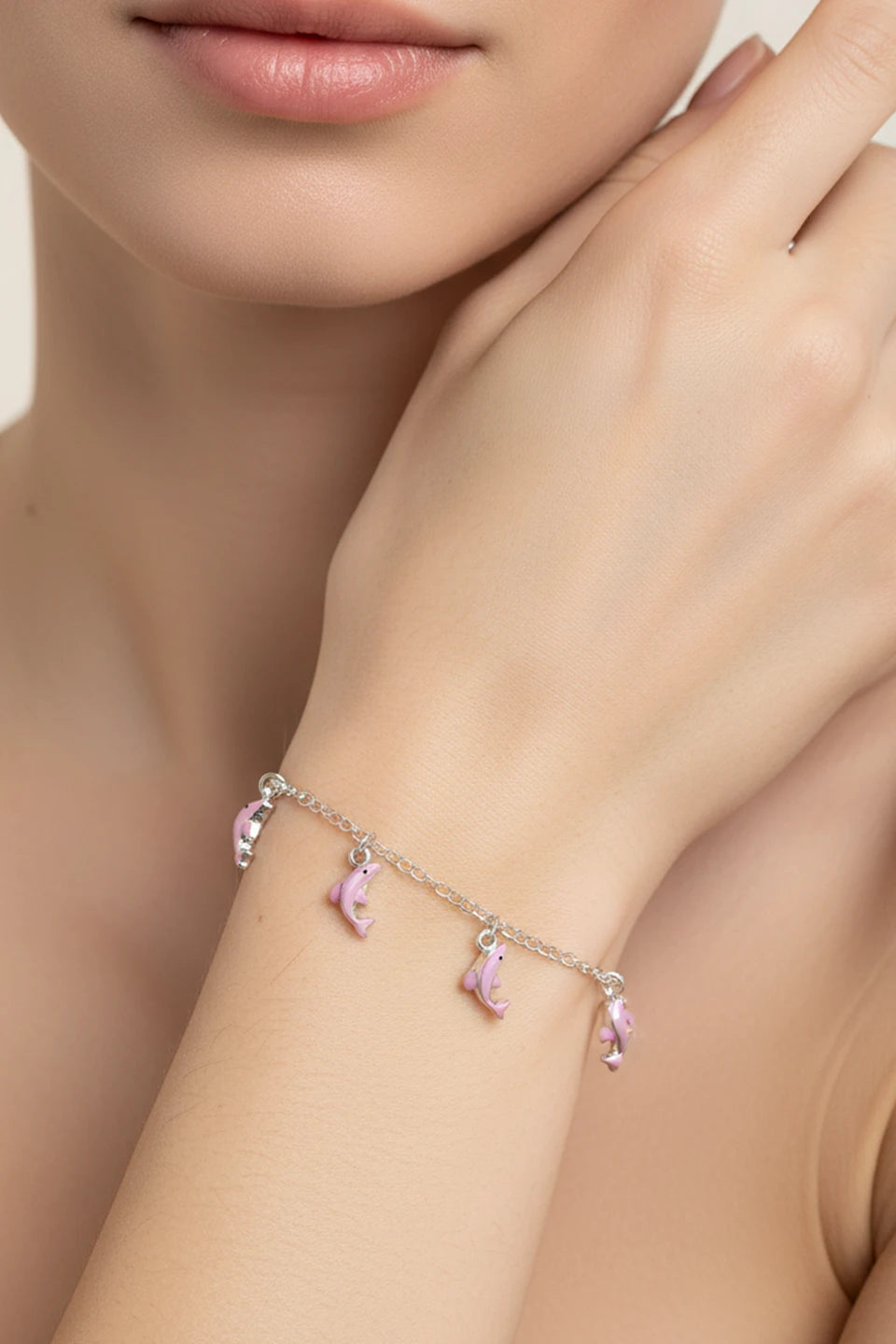 Pulseras delfines rosas en plata de ley 925